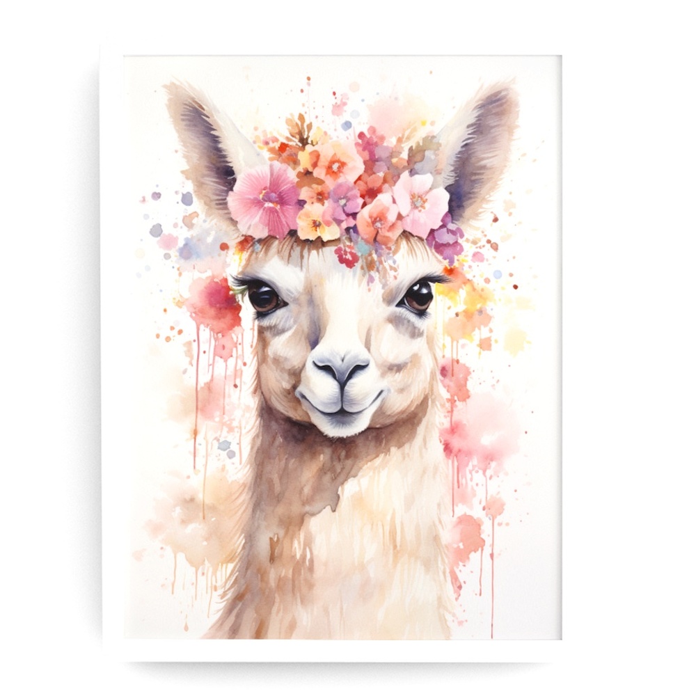 Watercolor Cute Floral Llama Wall Art Illustration Print Poster Card Unframed